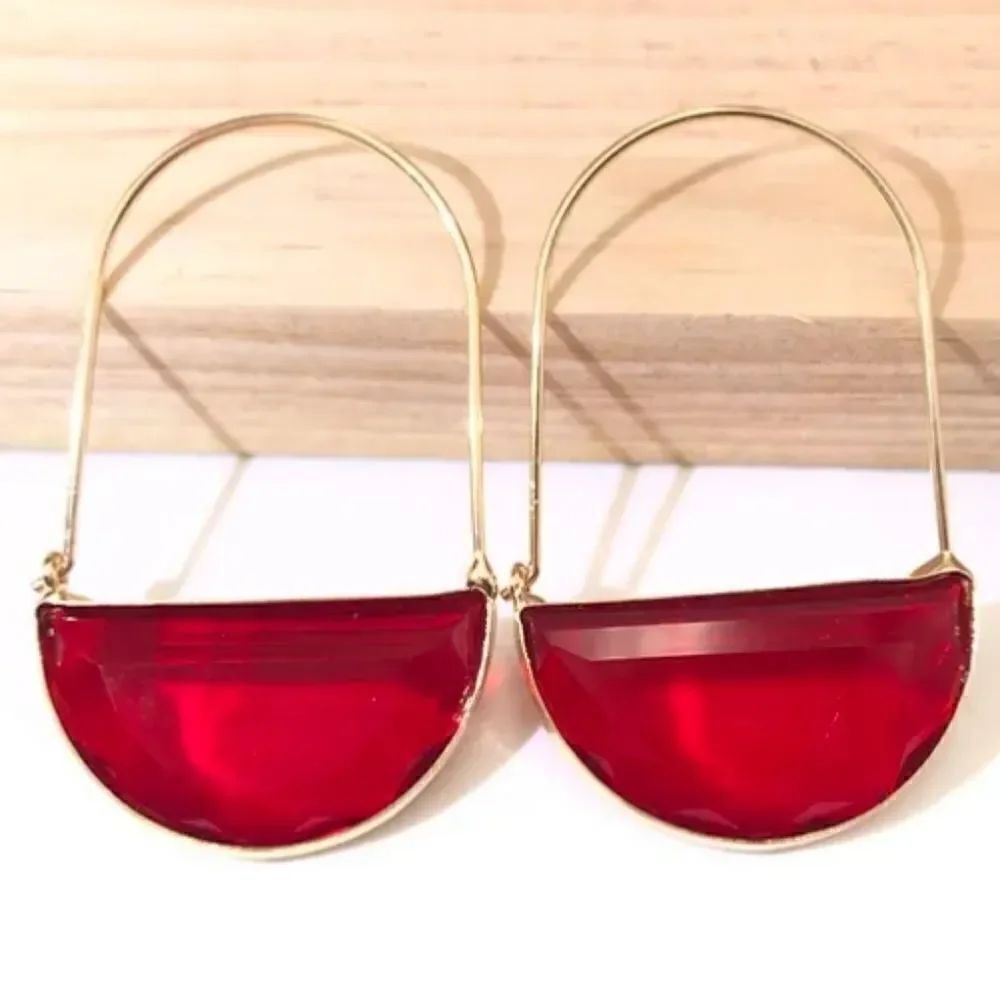 New Red Anthro Inspired Glass Crescent Hoop Earrings -Glass Dangle Earri…